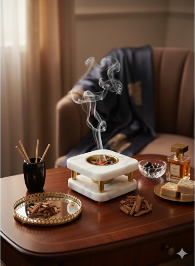 فيندكس مبخرة فاخرة من الرخام الأبيض والنحاس الذهبي - مبخرة عود وبخور فاخرة - حامل بخور أنيق لتزيين المنزل والتأمل وتقديمه كهدية - Image 3